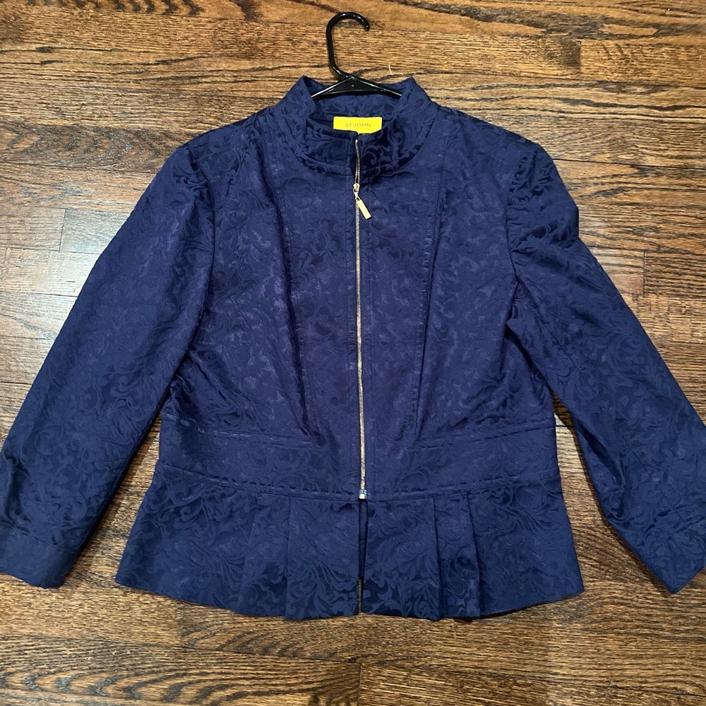 St. John Navy Jacquard Zip-Front Peplum Jacket